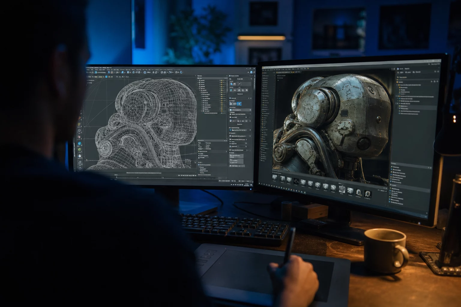 3D-Animation Modeling: 3D-Artist-Arbeitsplatz mit Wireframe und Render