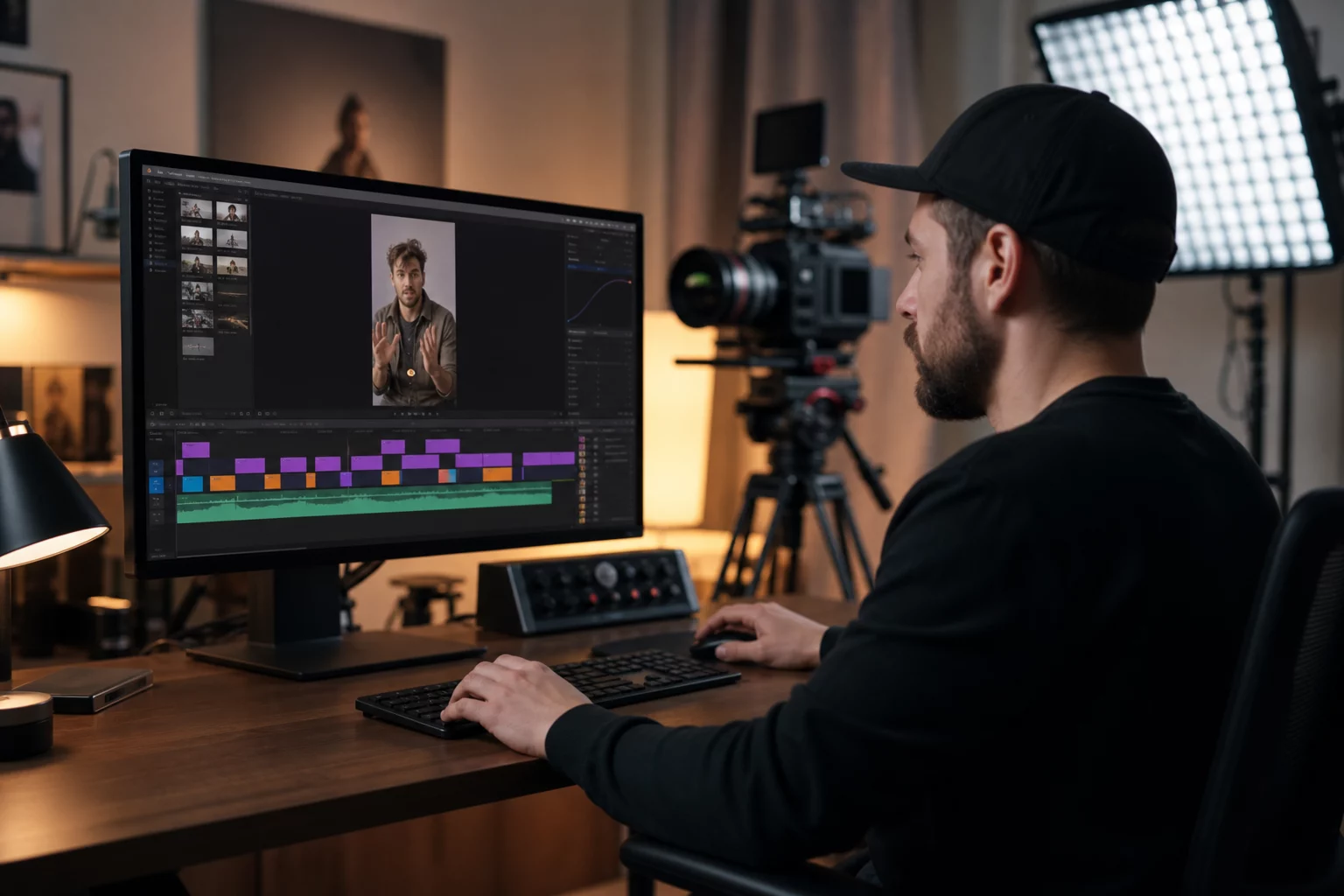 Social Media Video Produktion im Schnitt: Editor bearbeitet vertikale Reels mit Untertiteln, Kamera und LED-Panel im Hintergrund.