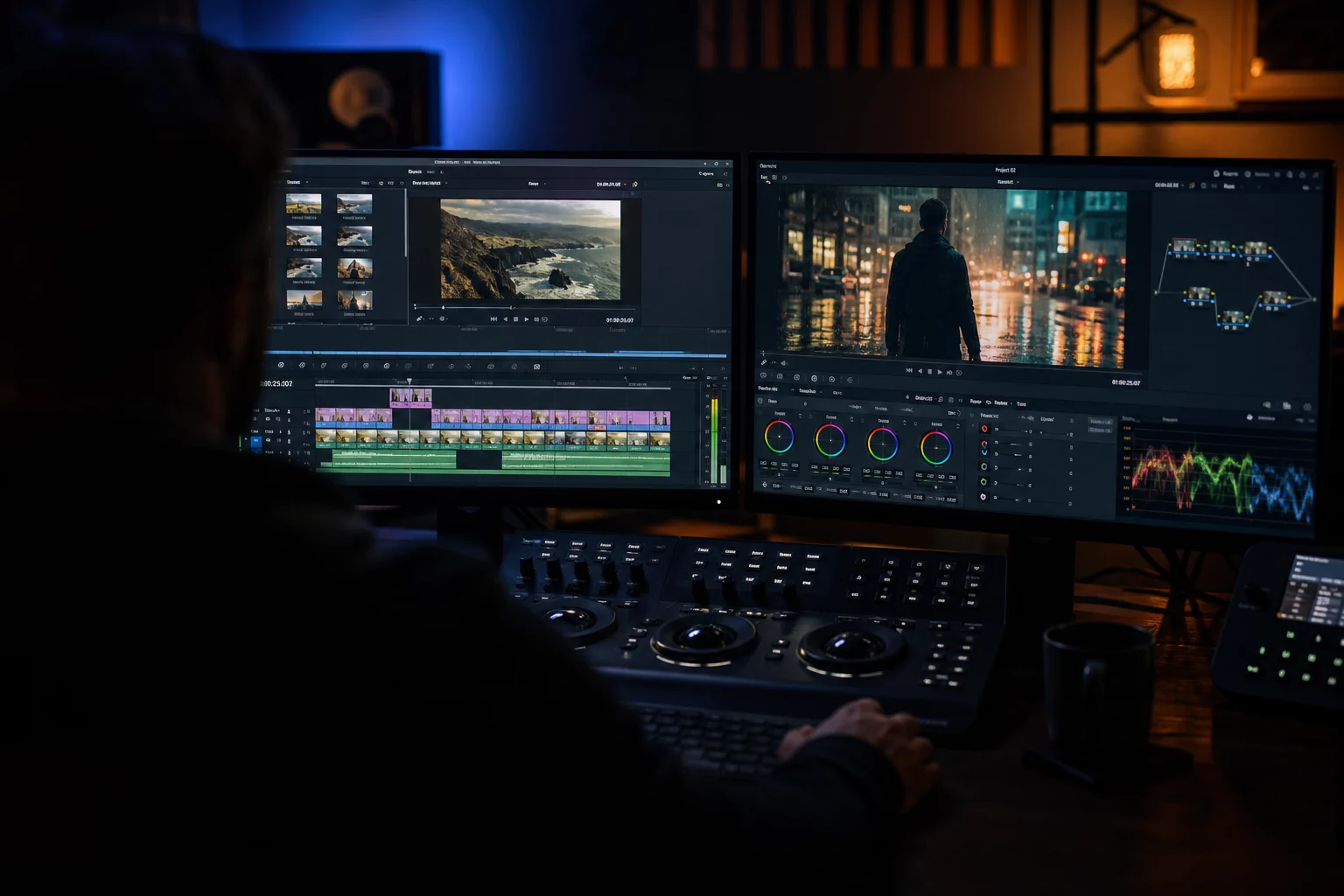 Videoproduktion Postproduktion: Schnitt und Color-Grading am Studio-Arbeitsplatz
