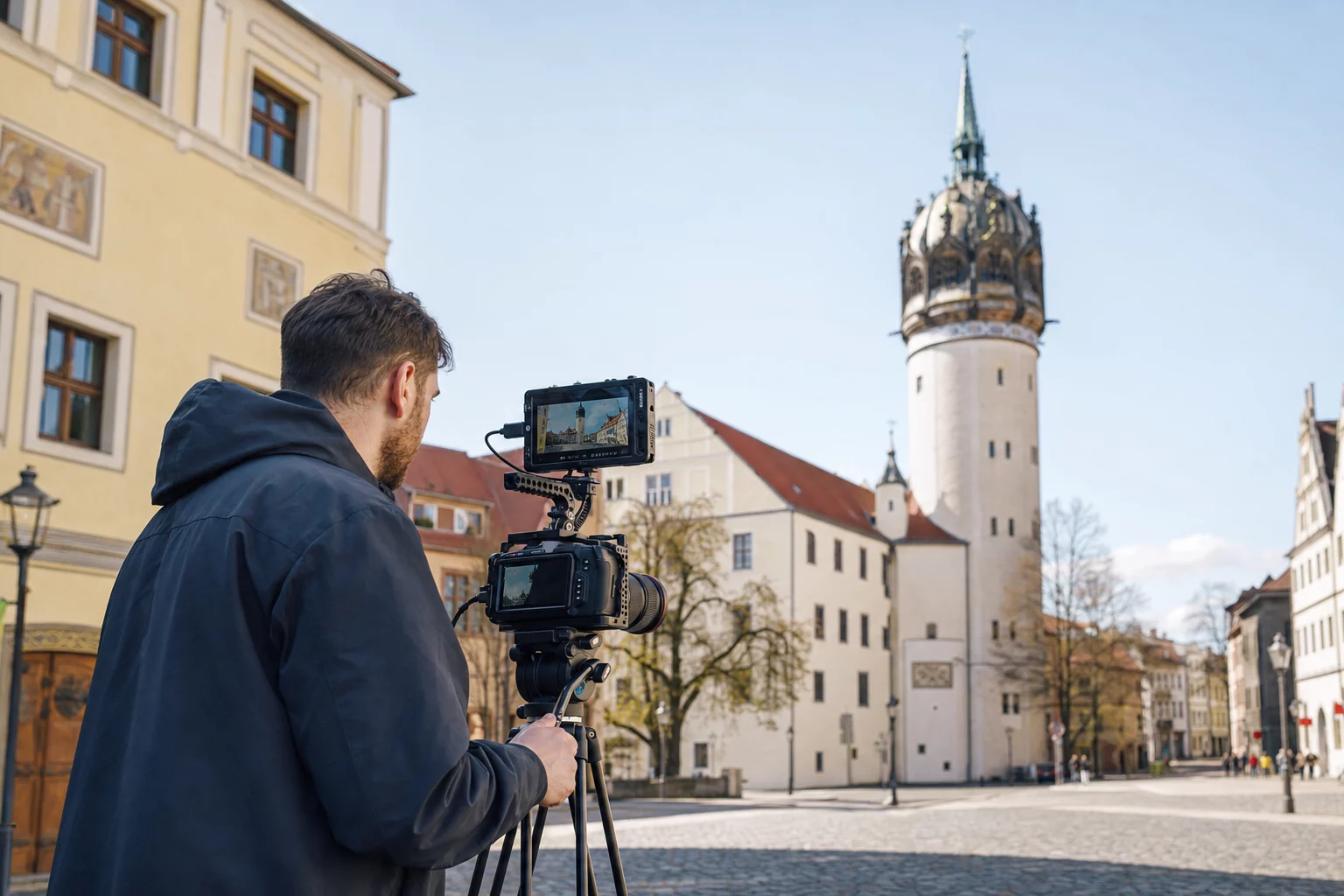 Videoproduktion in Lutherstadt Wittenberg: Videograf filmt vor der Schlosskirche Wittenberg