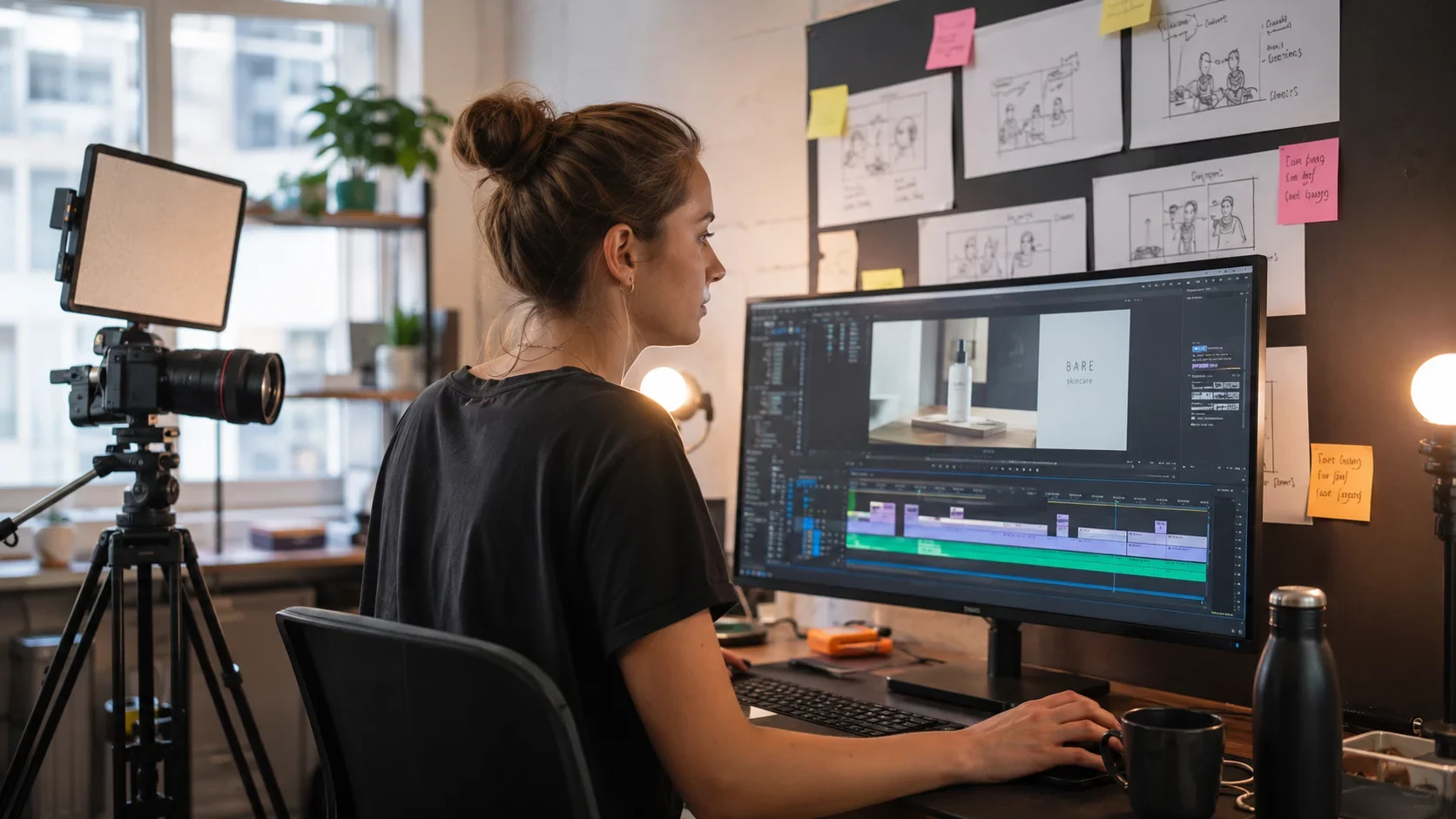 Social Media Ads Agentur Kinemedia: Inhouse-Werbespot-Produktion mit Kamera, LED-Panel und Schnittarbeitsplatz mit laufendem Werbespot.