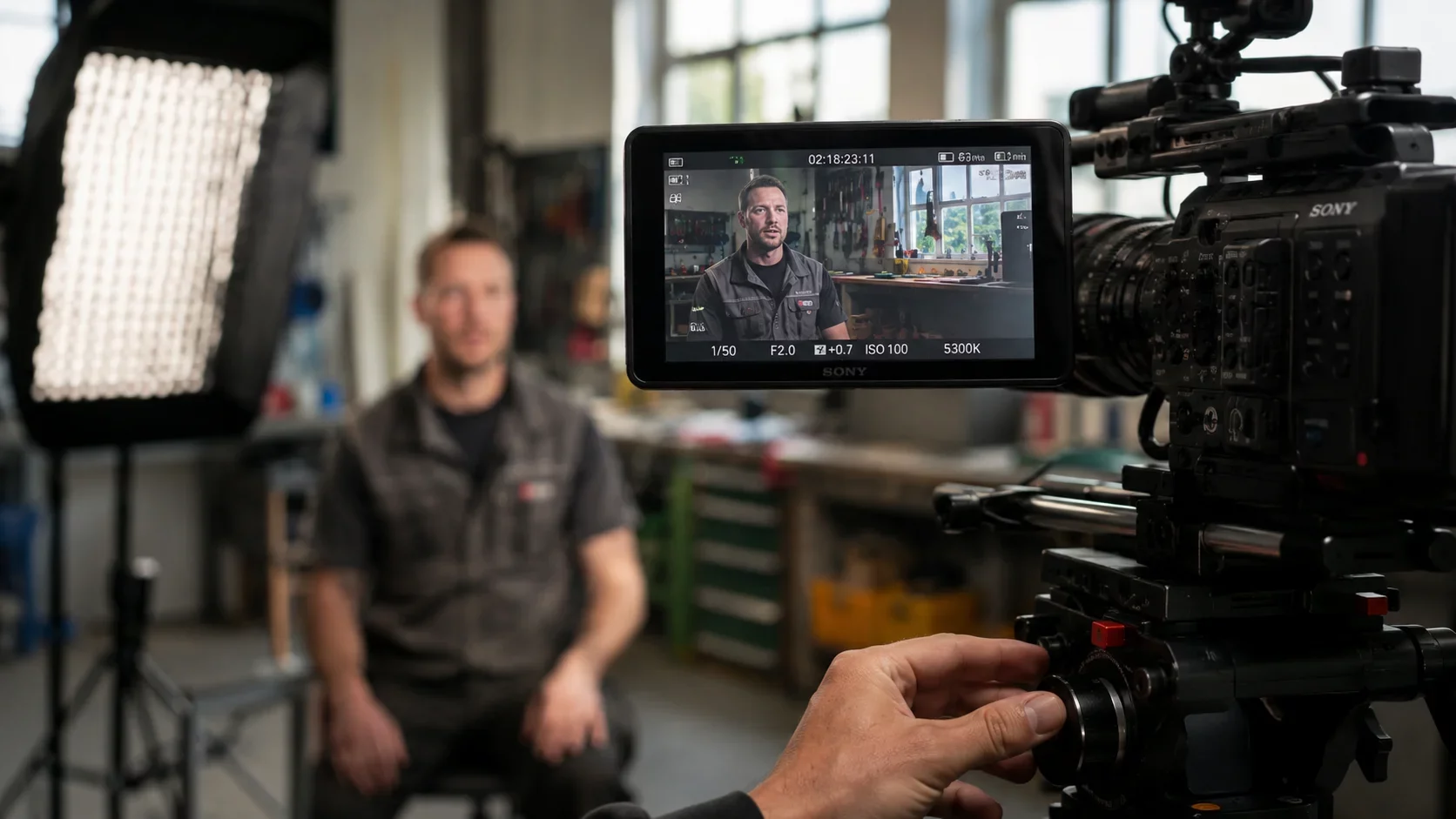Marketing für kleine Unternehmen in Aktion: Kamera-Display zeigt KMU-Inhaber im Interview während einer Werbespot-Produktion, Profi-Equipment im Hintergrund.