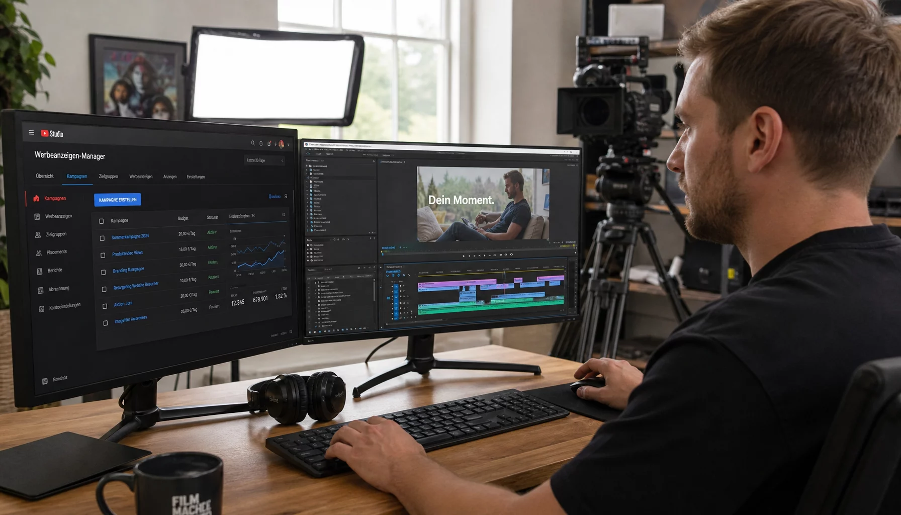 YouTube Ads Agentur Inhouse: Werbeanzeigen-Manager und Werbespot-Schnitt im Studio. Sony-Kamera und LED-Panel im Hintergrund.