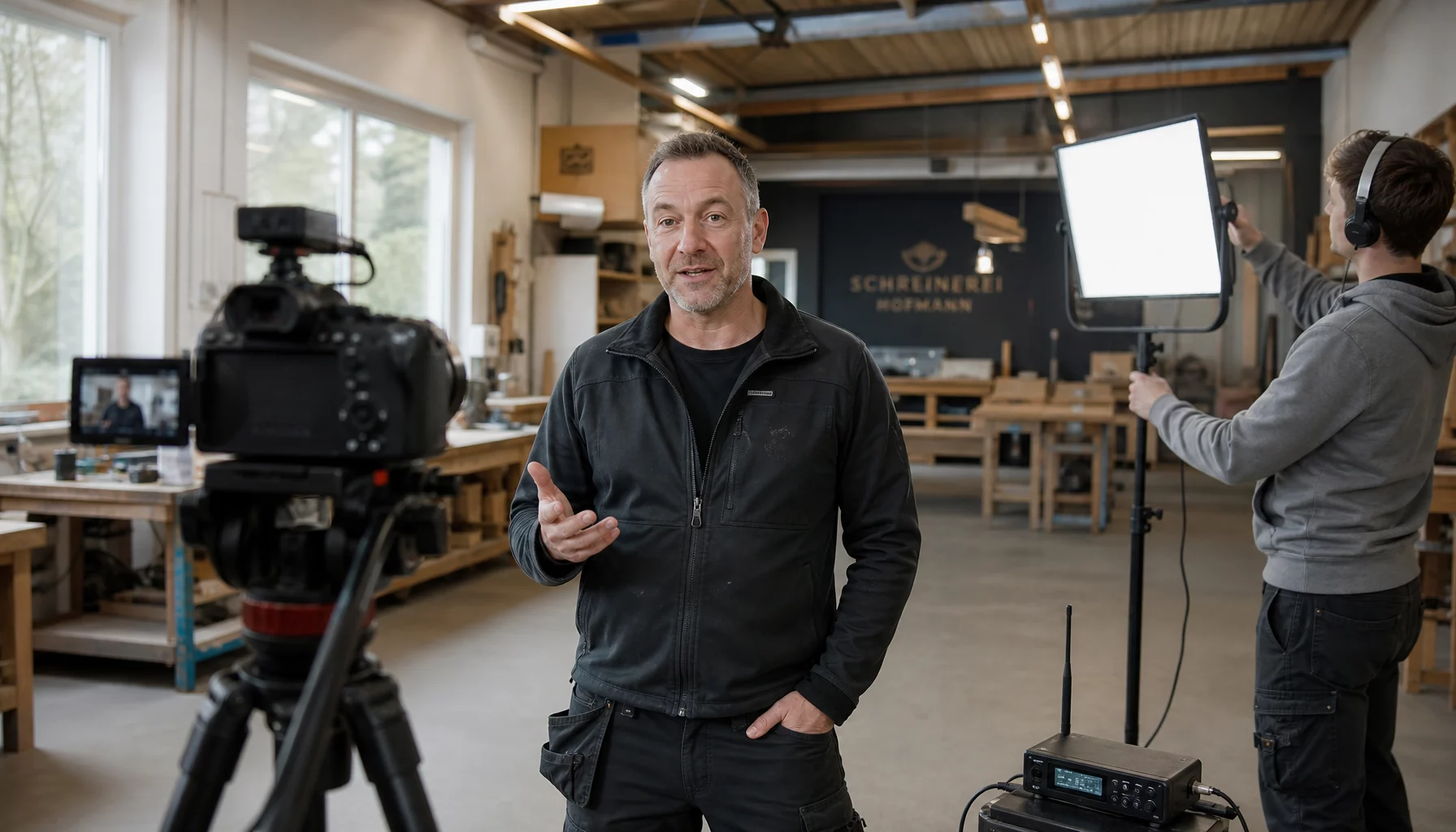 YouTube Ads Agentur Kinemedia beim Werbespot-Dreh in einem KMU-Handwerksbetrieb. Sony-Kamera, LED-Panel, Funkmikrofon, Inhaber spricht direkt in die Kamera.